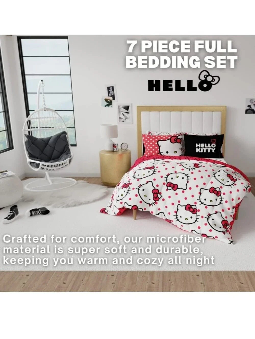 Hello Kitty Polka Dot 7 Piece Super Soft Comforter and Sheet Set Full Reversible